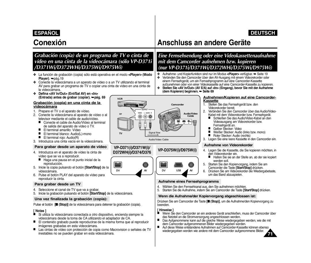 Samsung VP-D371/XEE, VP-D371/XEF, VP-D371W/XEO, VP-D371W/XEE, VP-D371/XEO Conexión, Nur VP-D371i/D371Wi/D372WHi/D375Wi/D975Wi 