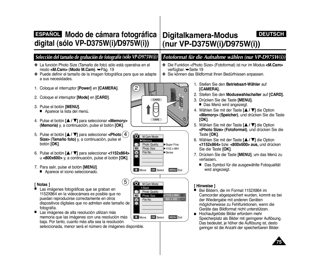 Samsung VP-D371/XEF, VP-D371/XEE, VP-D371W/XEO Fotoformat für die Aufnahme wählen nur VP-D975Wi, Modo M.Cam Modo M.Cam. Pág 