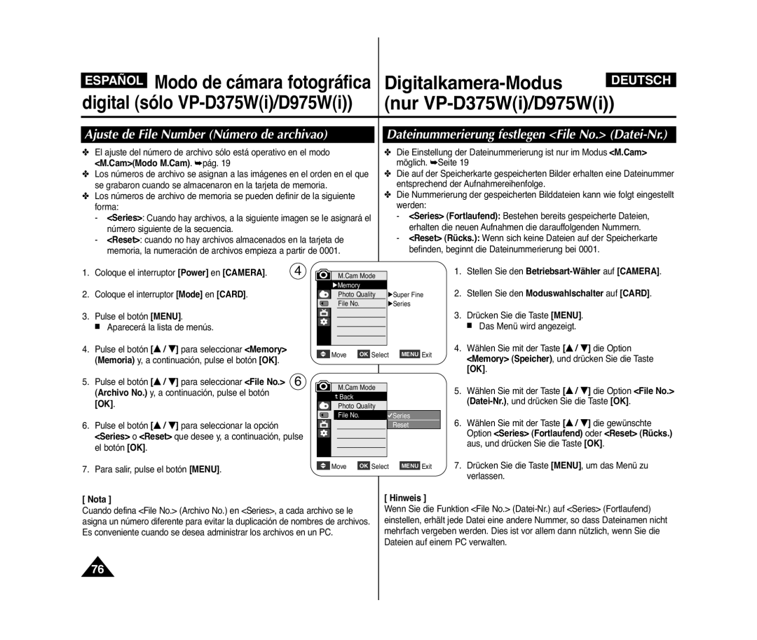 Samsung VP-D371/XEE, VP-D371/XEF Ajuste de File Number Número de archivao, Dateinummerierung festlegen File No. Datei-Nr 