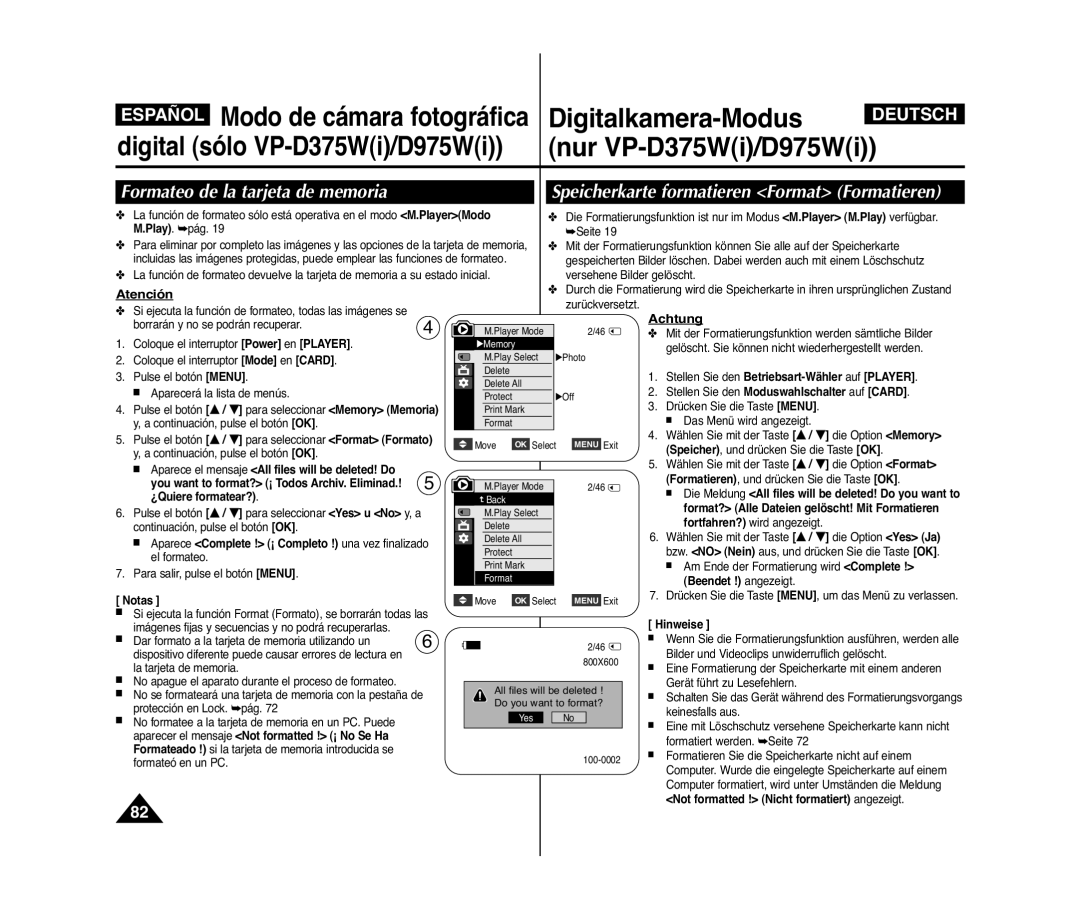 Samsung VP-D371W/XEO Formateo de la tarjeta de memoria, Speicherkarte formatieren Format Formatieren, Atención, Achtung 