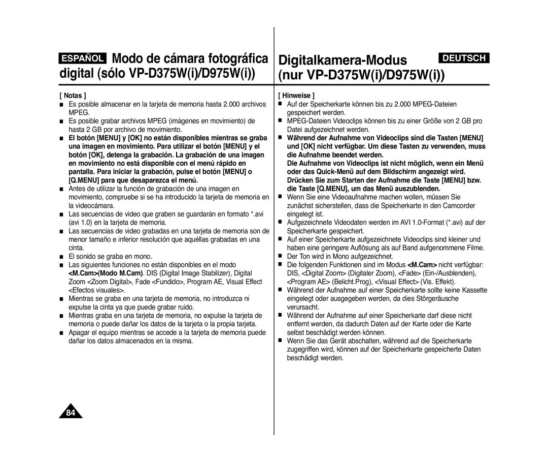 Samsung VP-D371/XEO, VP-D371/XEF, VP-D371/XEE, VP-D371W/XEO, VP-D371W/XEE manual Digitalkamera-Modus 