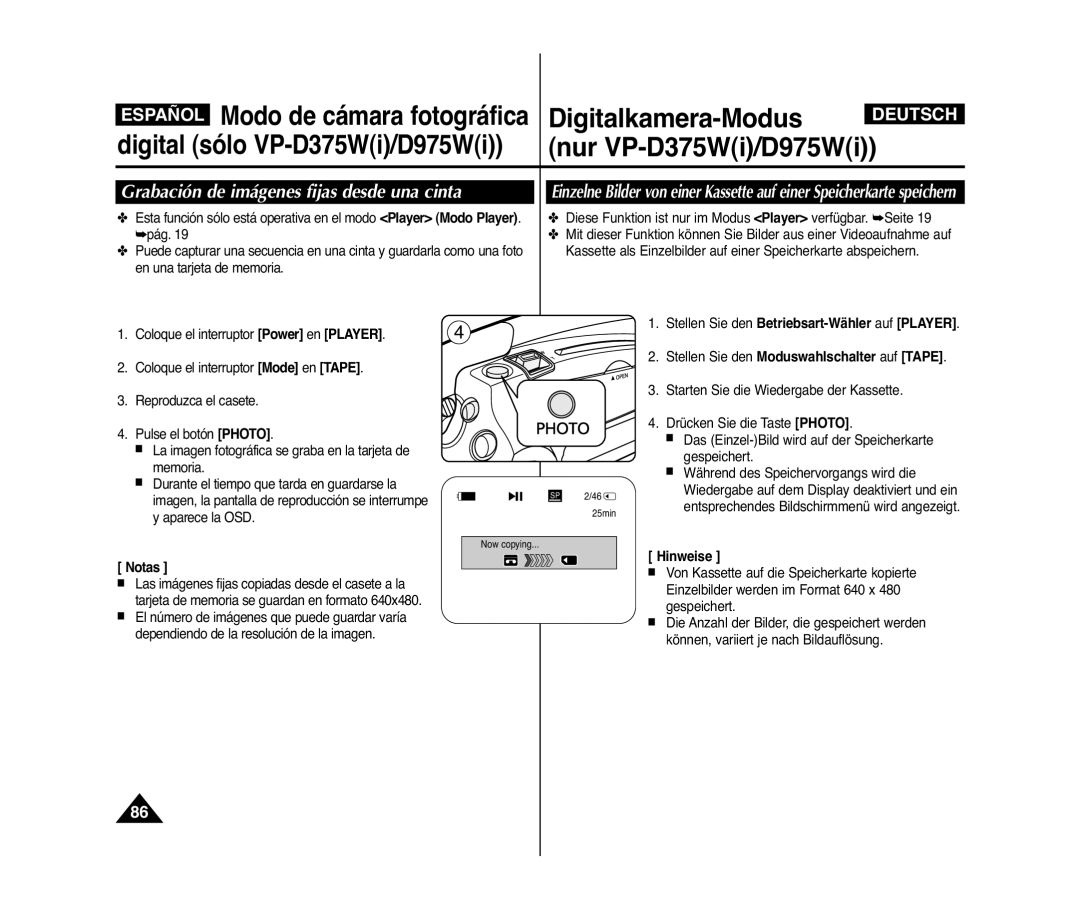 Samsung VP-D371/XEE, VP-D371/XEF, VP-D371W/XEO, VP-D371W/XEE, VP-D371/XEO manual Grabación de imágenes fijas desde una cinta 