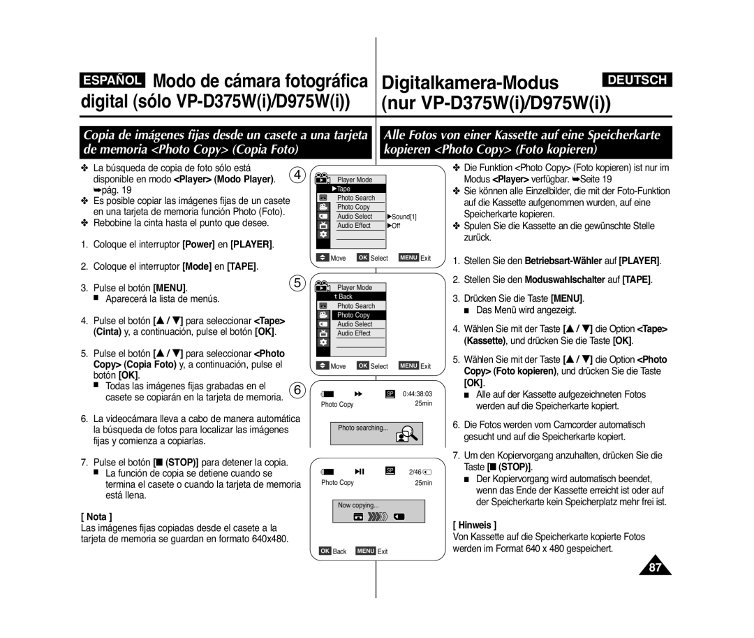 Samsung VP-D371W/XEO, VP-D371/XEF, VP-D371/XEE, VP-D371W/XEE, VP-D371/XEO manual Disponible en modo Player Modo Player, Nota 