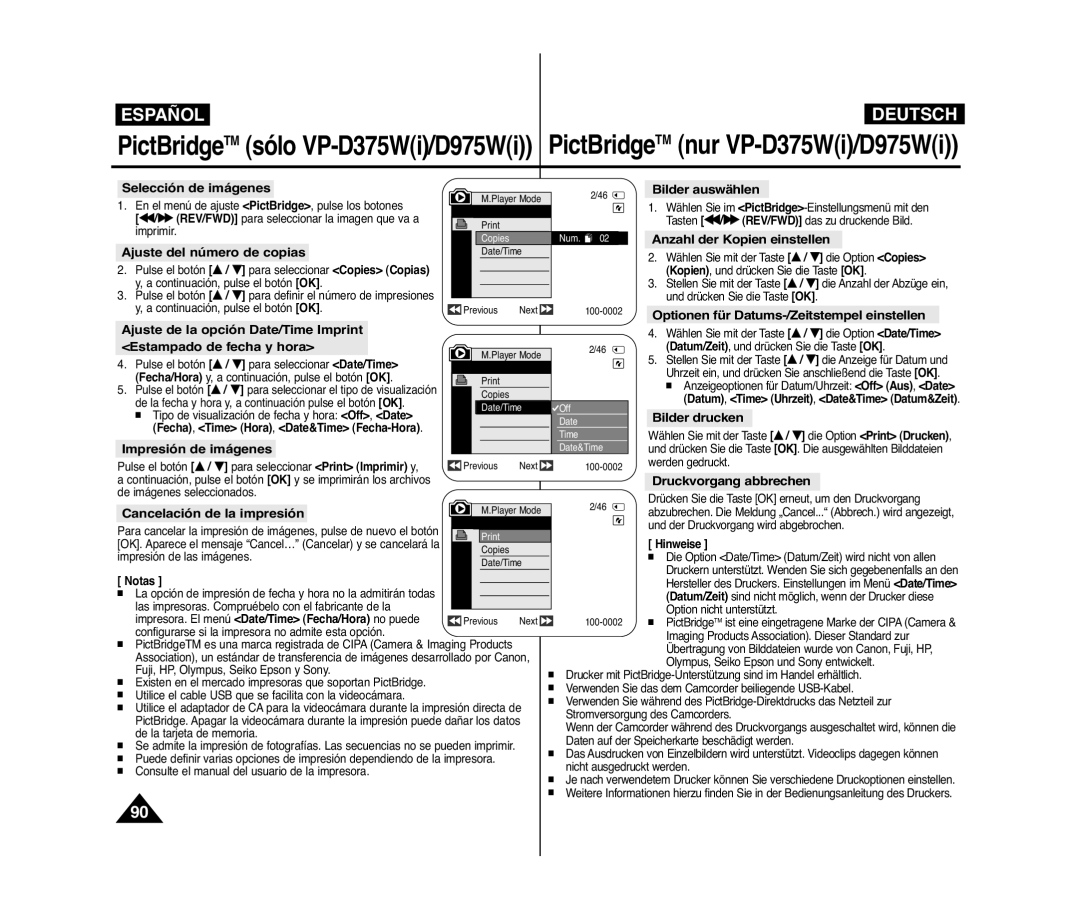 Samsung VP-D371/XEF Selección de imágenes, Ajuste del número de copias, Bilder auswählen, Anzahl der Kopien einstellen 