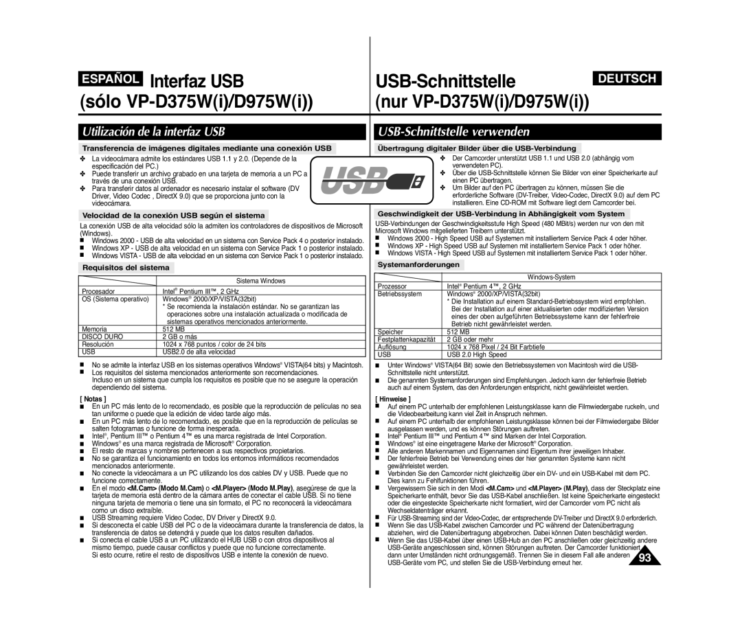 Samsung VP-D371W/XEE, VP-D371/XEF manual Utilización de la interfaz USB, USB-Schnittstelle verwenden, Requisitos del sistema 