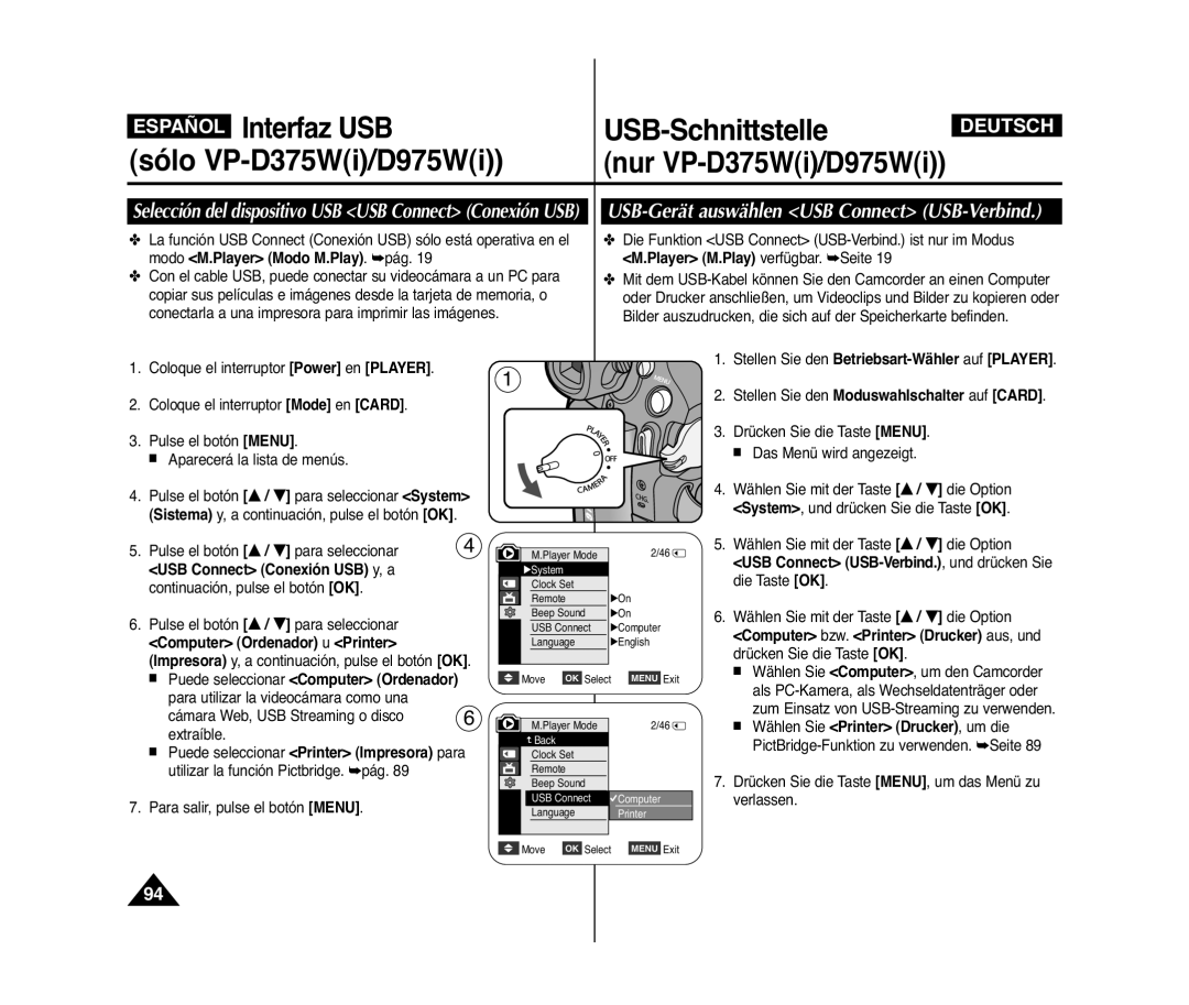 Samsung VP-D371/XEO USB-Gerät auswählen USB Connect USB-Verbind, Selección del dispositivo USB USB Connect Conexión USB 