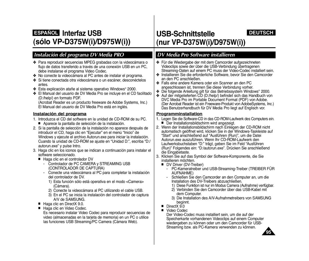 Samsung VP-D371/XEF manual Instalación del programa DV Media PRO, DV Media Pro Software installieren, Programminstallation 