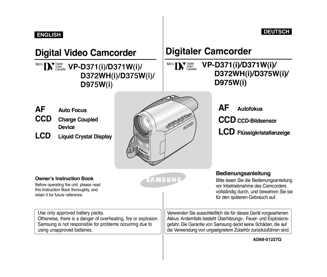 Samsung VP-D371W/XEF, VP-D375W/XEF, VP-D371/XEF, VP-D372WH/XEF manual VP-D371i/D371Wi D372WHi/D375Wi D975Wi, AD68-01227Q 