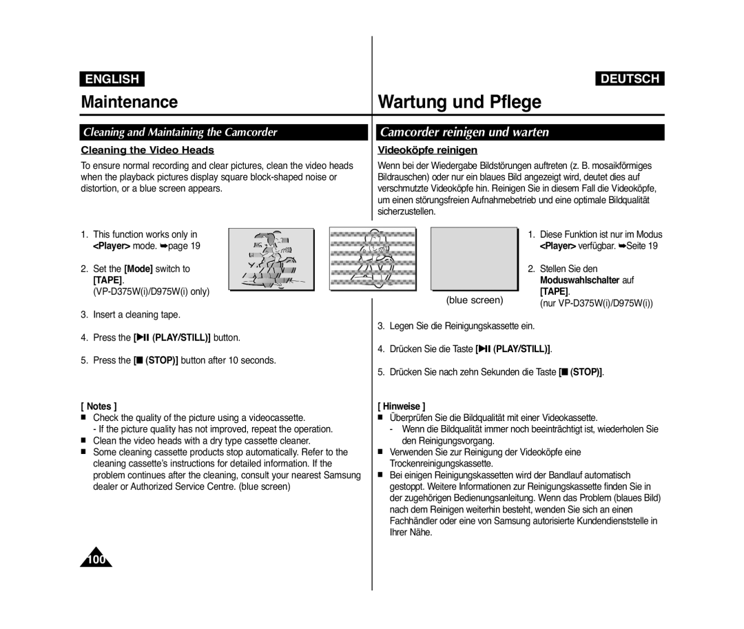 Samsung VP-D371W/XEO Camcorder reinigen und warten, Cleaning and Maintaining the Camcorder, Cleaning the Video Heads, Tape 