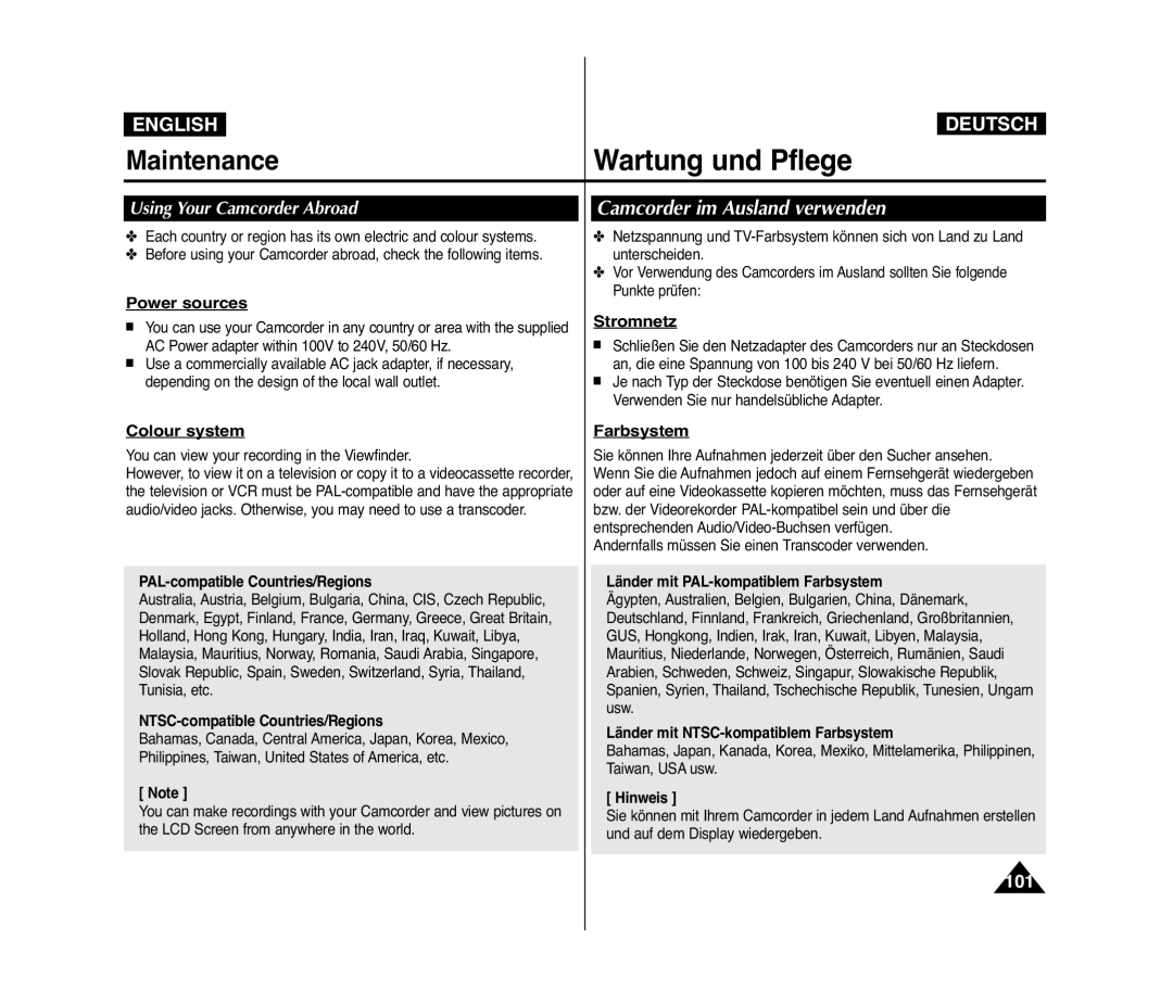 Samsung VP-D371W/XEE, VP-D375W/XEF, VP-D371W/XEF, VP-D371/XEF Camcorder im Ausland verwenden, Using Your Camcorder Abroad 