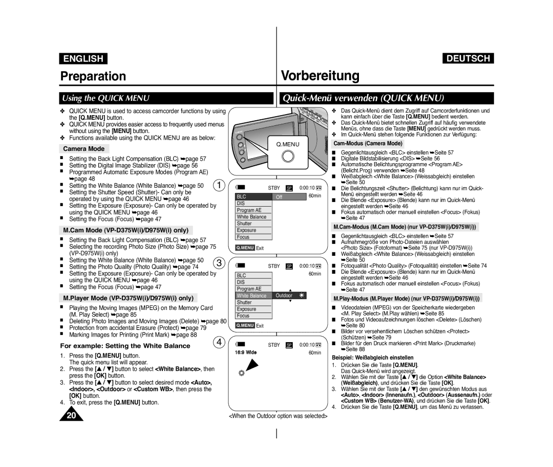 Samsung VP-D372WH/KNT manual Quick-Menü verwenden Quick Menu, Using the Quick Menu, For example Setting the White Balance 