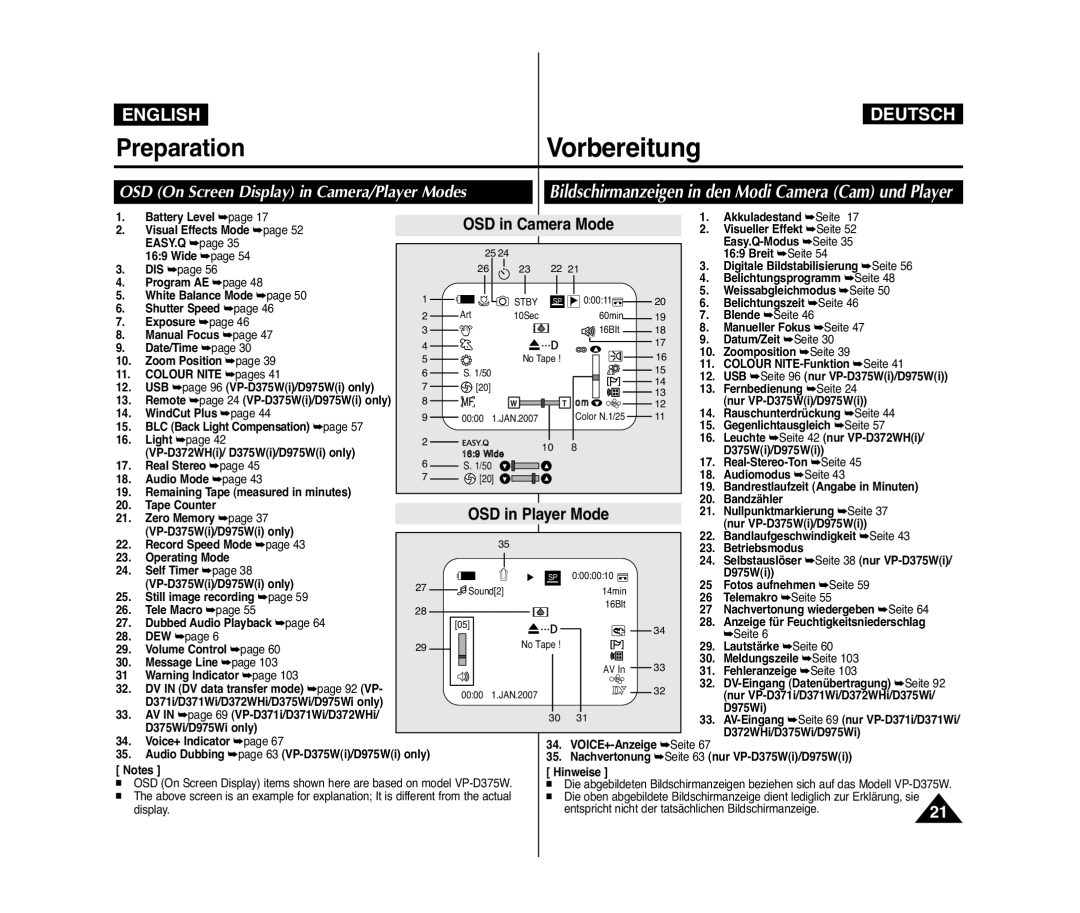 Samsung VP-D371/AND, VP-D375W/XEF, VP-D371W/XEF, VP-D371/XEF manual Vorbereitung, OSD in Camera Mode, OSD in Player Mode 