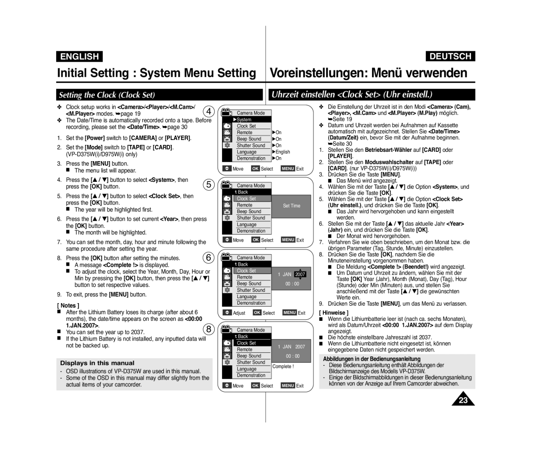 Samsung VP-D371WI/MEA Uhrzeit einstellen Clock Set Uhr einstell, Setting the Clock Clock Set, Displays in this manual 