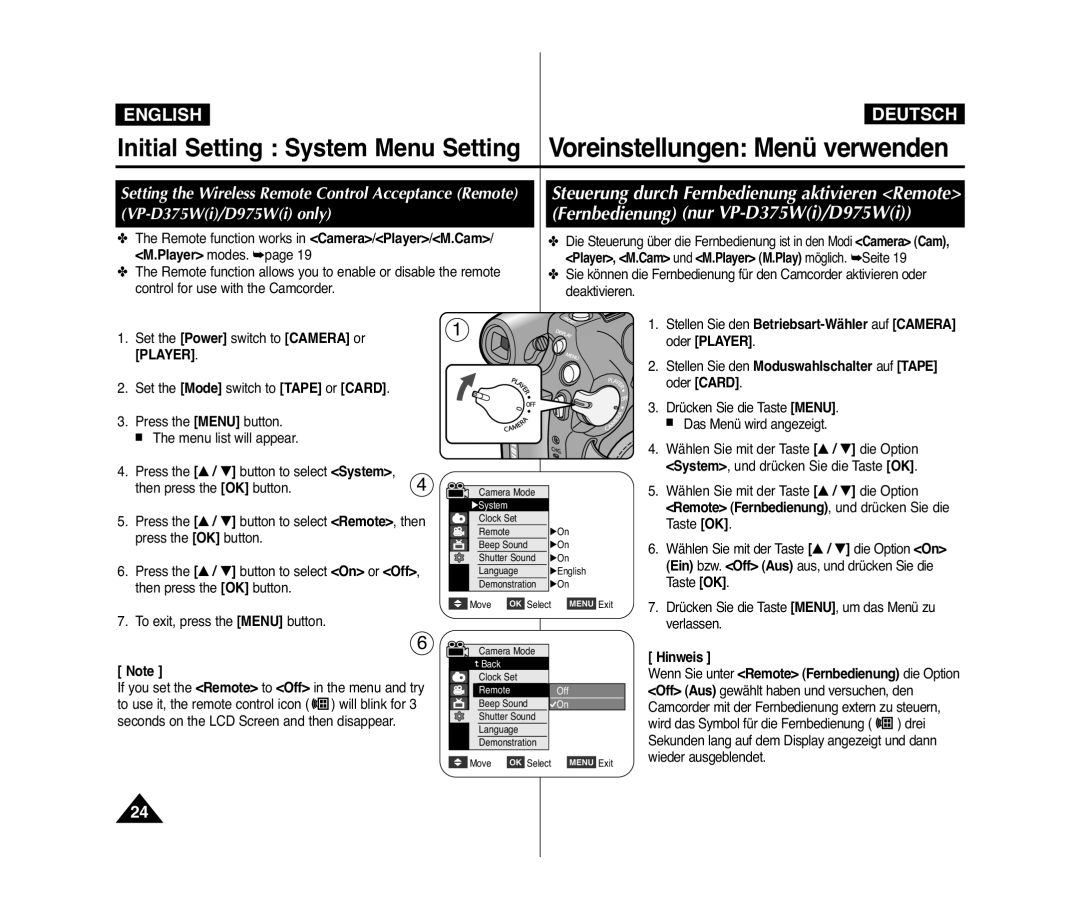 Samsung VP-D975WI/MEA, VP-D375W/XEF Fernbedienung nur VP-D375Wi/D975Wi, Steuerung durch Fernbedienung aktivieren Remote 