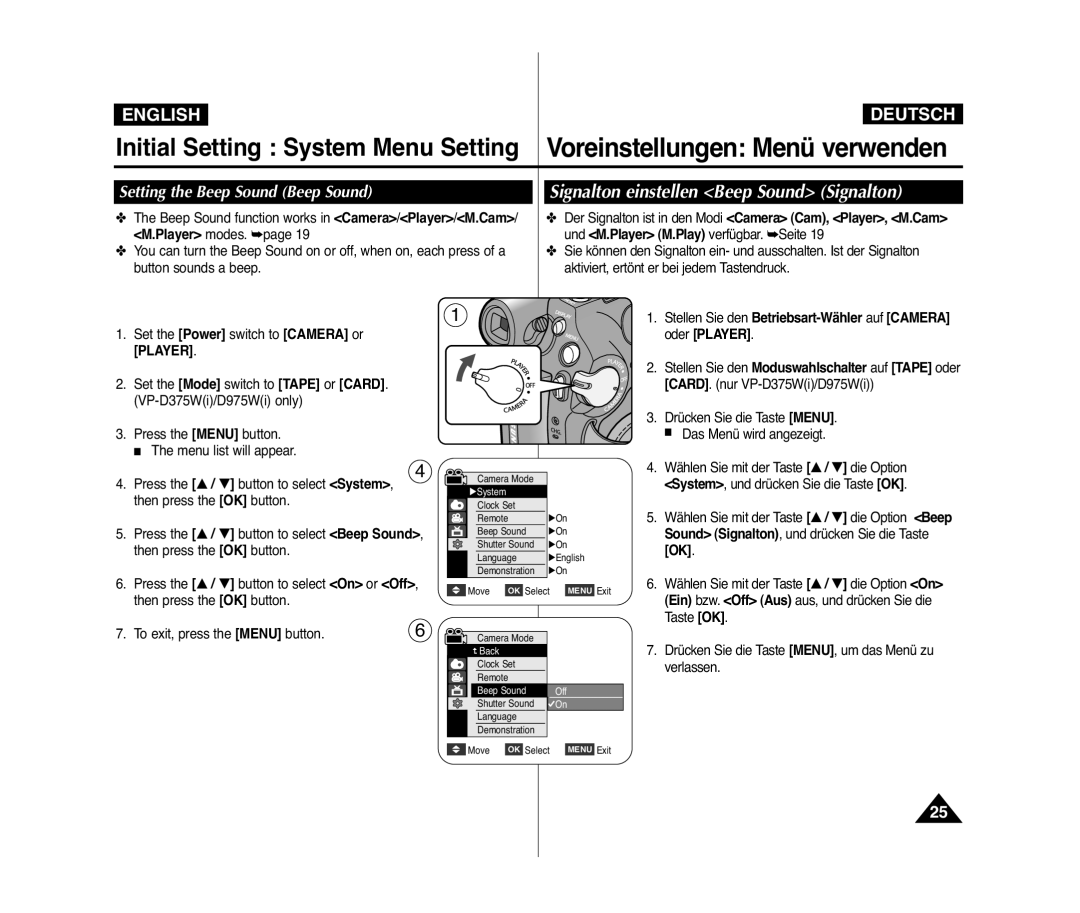 Samsung VP-D375WI/MEA, VP-D375W/XEF manual Signalton einstellen Beep Sound Signalton, Setting the Beep Sound Beep Sound 