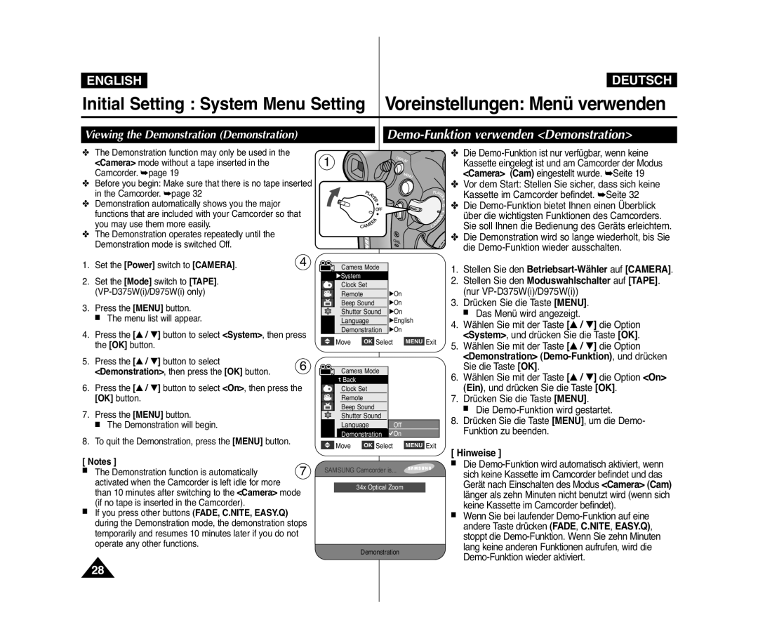 Samsung VP-D371/CAN, VP-D375W/XEF manual Demo-Funktion verwenden Demonstration, Viewing the Demonstration Demonstration 