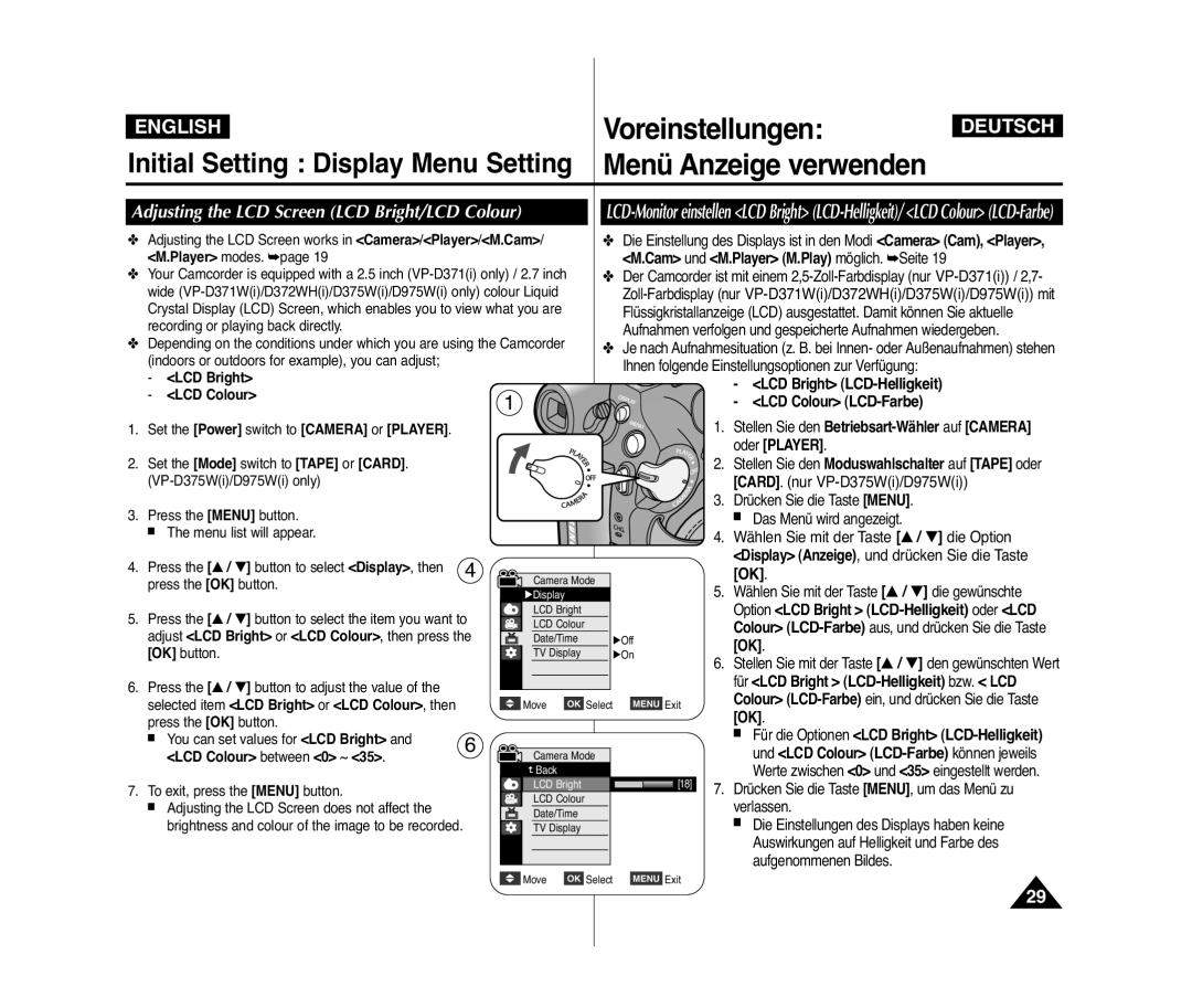 Samsung VP-D371/KNT, VP-D375W/XEF, VP-D371W/XEF manual Voreinstellungen, Adjusting the LCD Screen LCD Bright/LCD Colour 