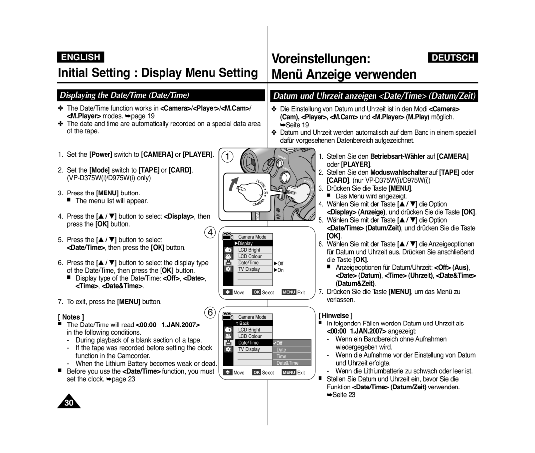 Samsung VP-D375W/XEO manual Datum und Uhrzeit anzeigen Date/Time Datum/Zeit, Displaying the Date/Time Date/Time, JAN.2007 