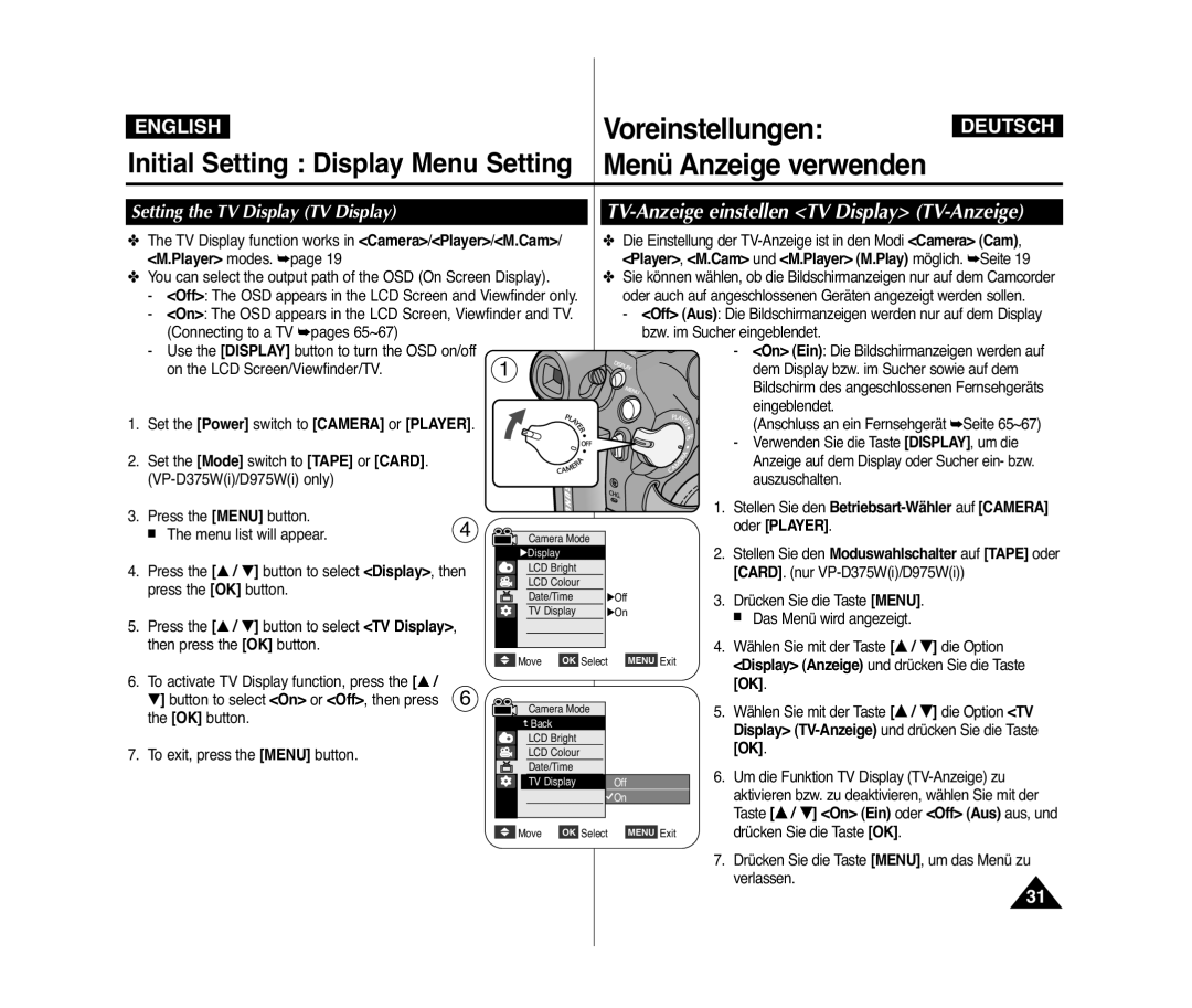 Samsung VP-D975W/XEO, VP-D375W/XEF, VP-D371W/XEF Bzw. im Sucher eingeblendet, Press the Menu button Menu list will appear 