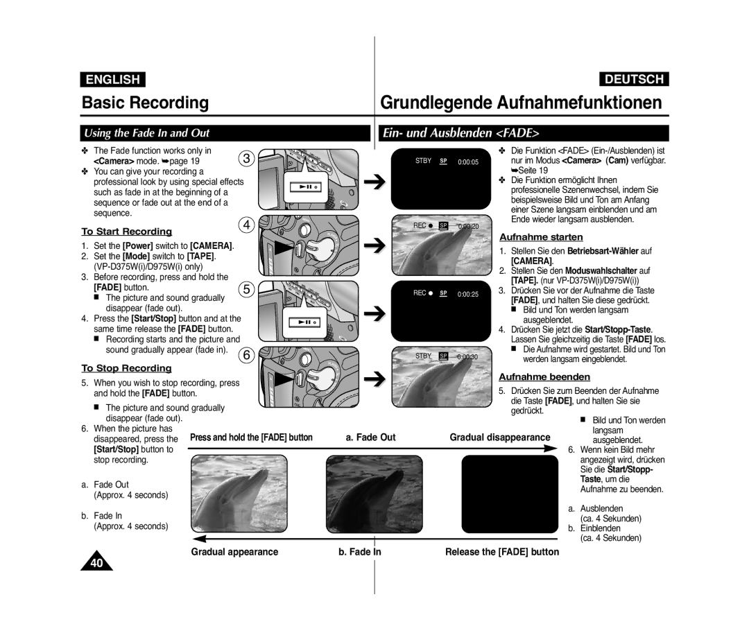 Samsung VP-D371I/XEK Ein- und Ausblenden Fade, To Start Recording, Aufnahme starten, To Stop Recording, Aufnahme beenden 