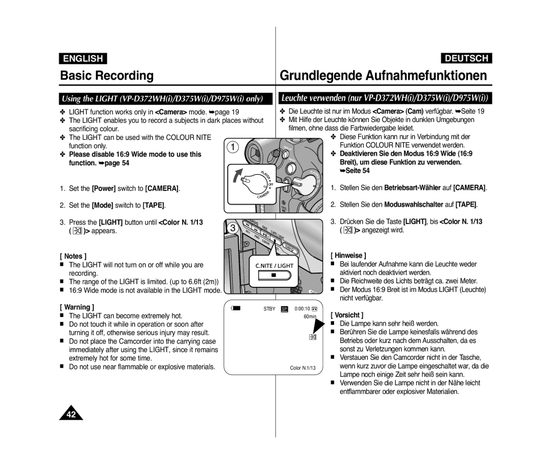 Samsung VP-D975WI/XER, VP-D375W/XEF, VP-D371W/XEF, VP-D371/XEF Please disable 169 Wide mode to use this function, Vorsicht 