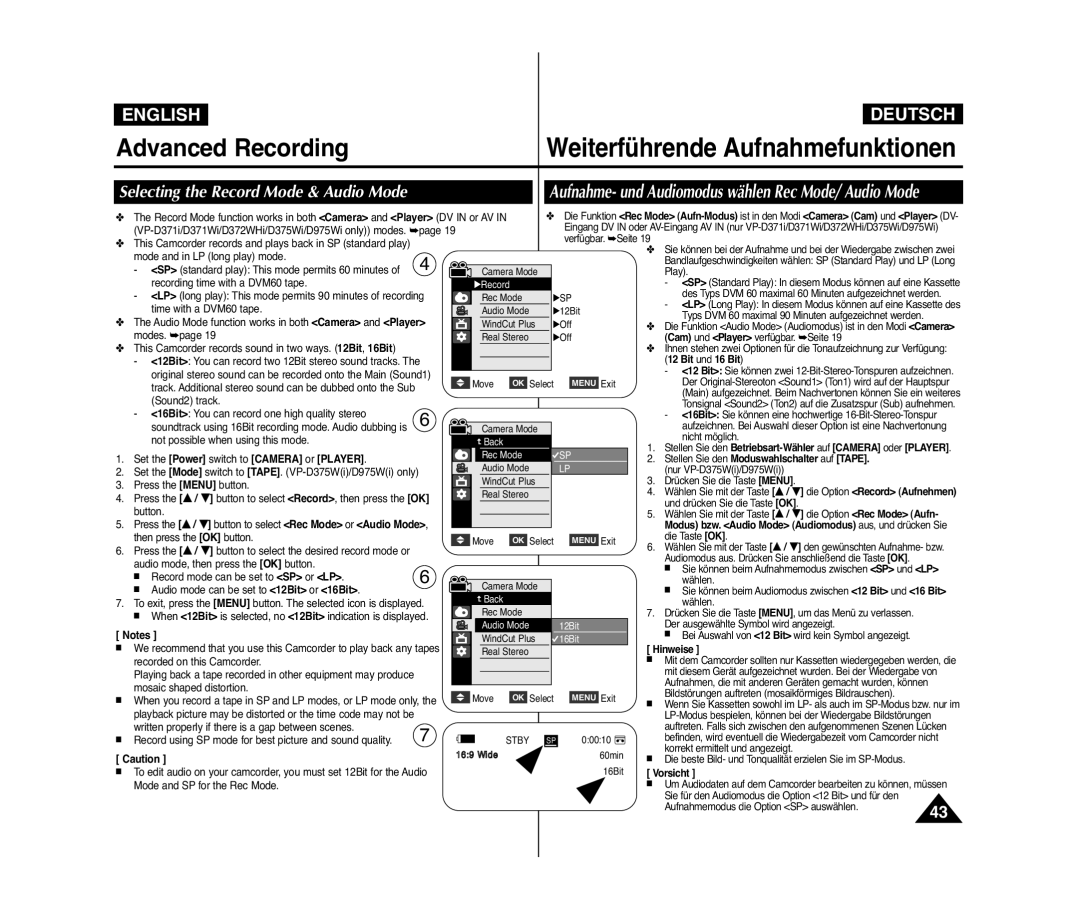 Samsung VP-D375WI/XER, VP-D375W/XEF, VP-D371W/XEF, VP-D371/XEF manual Advanced Recording Weiterführende Aufnahmefunktionen 