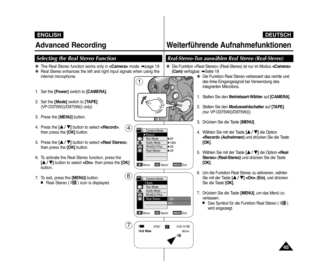 Samsung VP-D371I/COL, VP-D375W/XEF Selecting the Real Stereo Function, Real-Stereo-Ton auswählen Real Stereo Real-Stereo 