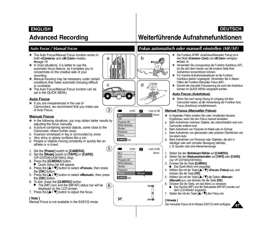 Samsung VP-D375W/XEF, VP-D371W/XEF, VP-D371/XEF Fokus automatisch oder manuell einstellen MF/AF, Auto Focus / Manual Focus 