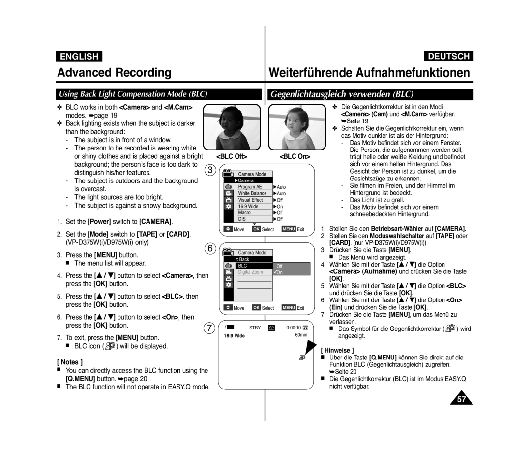 Samsung VP-D375WI/SAH manual Gegenlichtausgleich verwenden BLC, Using Back Light Compensation Mode BLC, BLC Off BLC On 