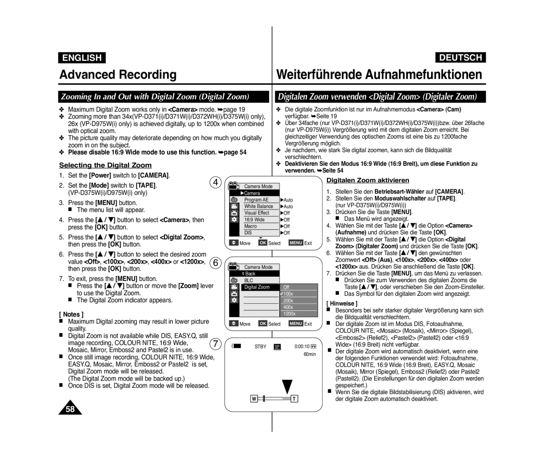 Samsung VP-D375WI/UMG, VP-D375W/XEF manual Zooming In and Out with Digital Zoom Digital Zoom, Selecting the Digital Zoom 