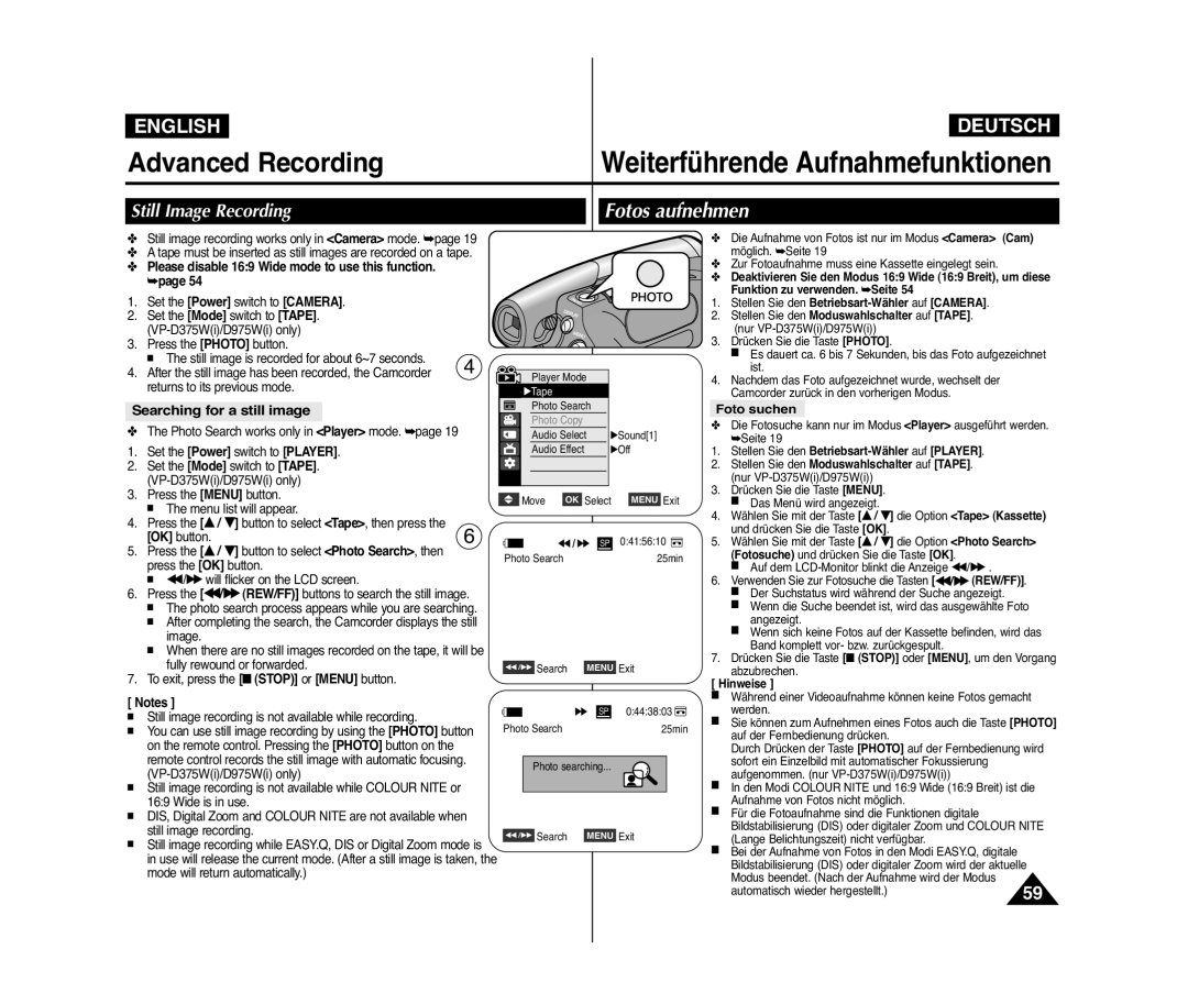 Samsung VP-D975WI/HAC, VP-D375W/XEF manual Fotos aufnehmen, Still Image Recording, Searching for a still image, Foto suchen 