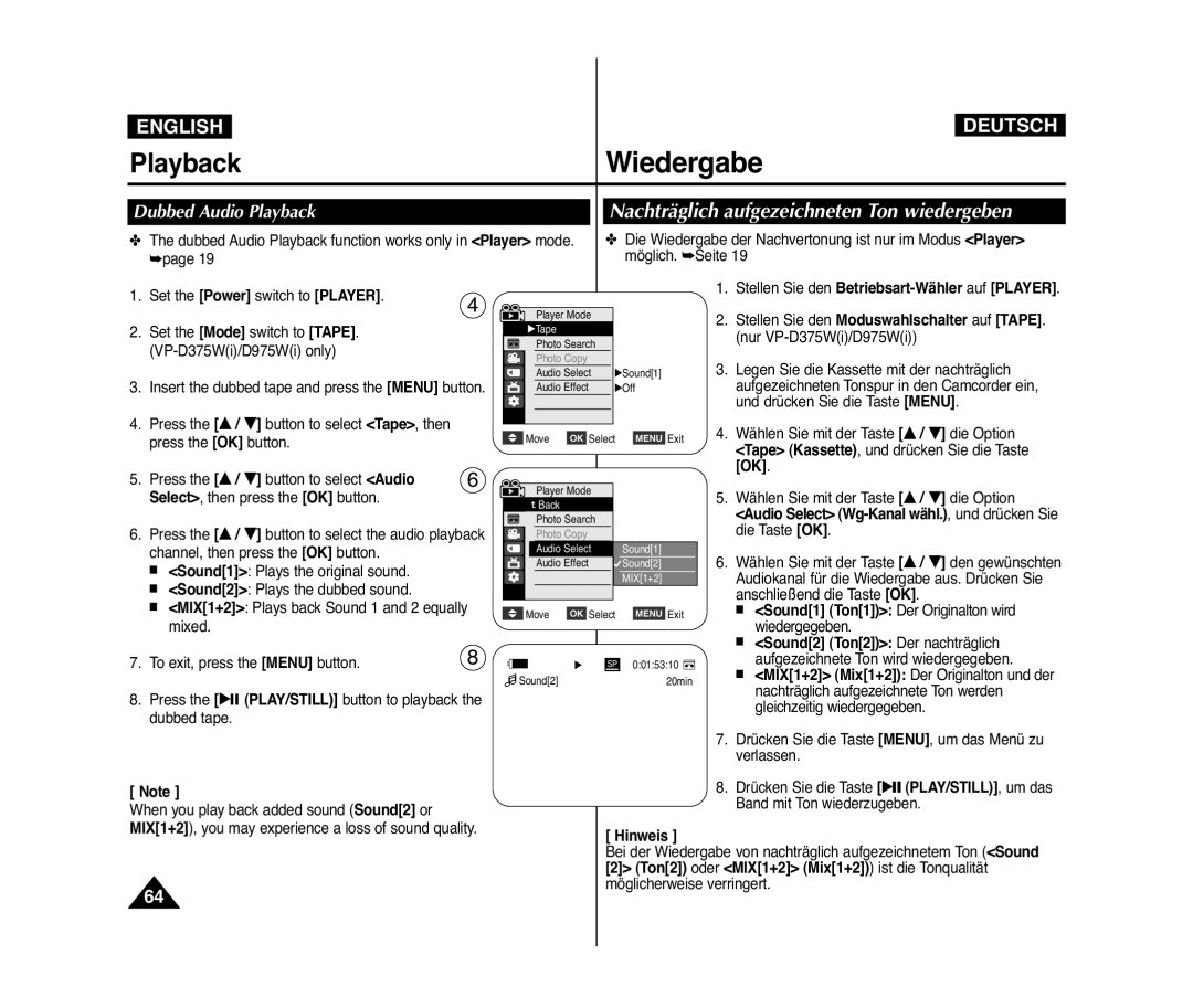 Samsung VP-D375W/CAN, VP-D375W/XEF, VP-D371W/XEF manual Nachträglich aufgezeichneten Ton wiedergeben, Dubbed Audio Playback 