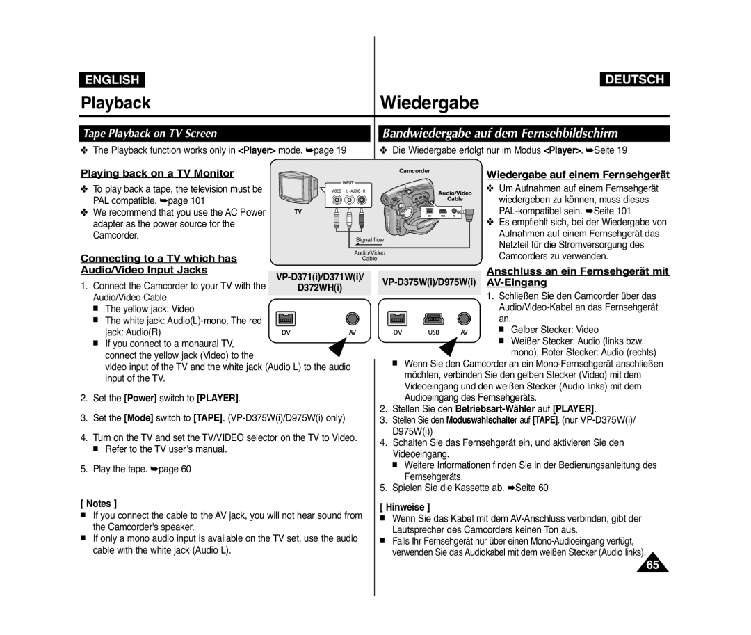 Samsung VP-D371I/MEA, VP-D375W/XEF, VP-D371W/XEF manual Bandwiedergabe auf dem Fernsehbildschirm, Tape Playback on TV Screen 