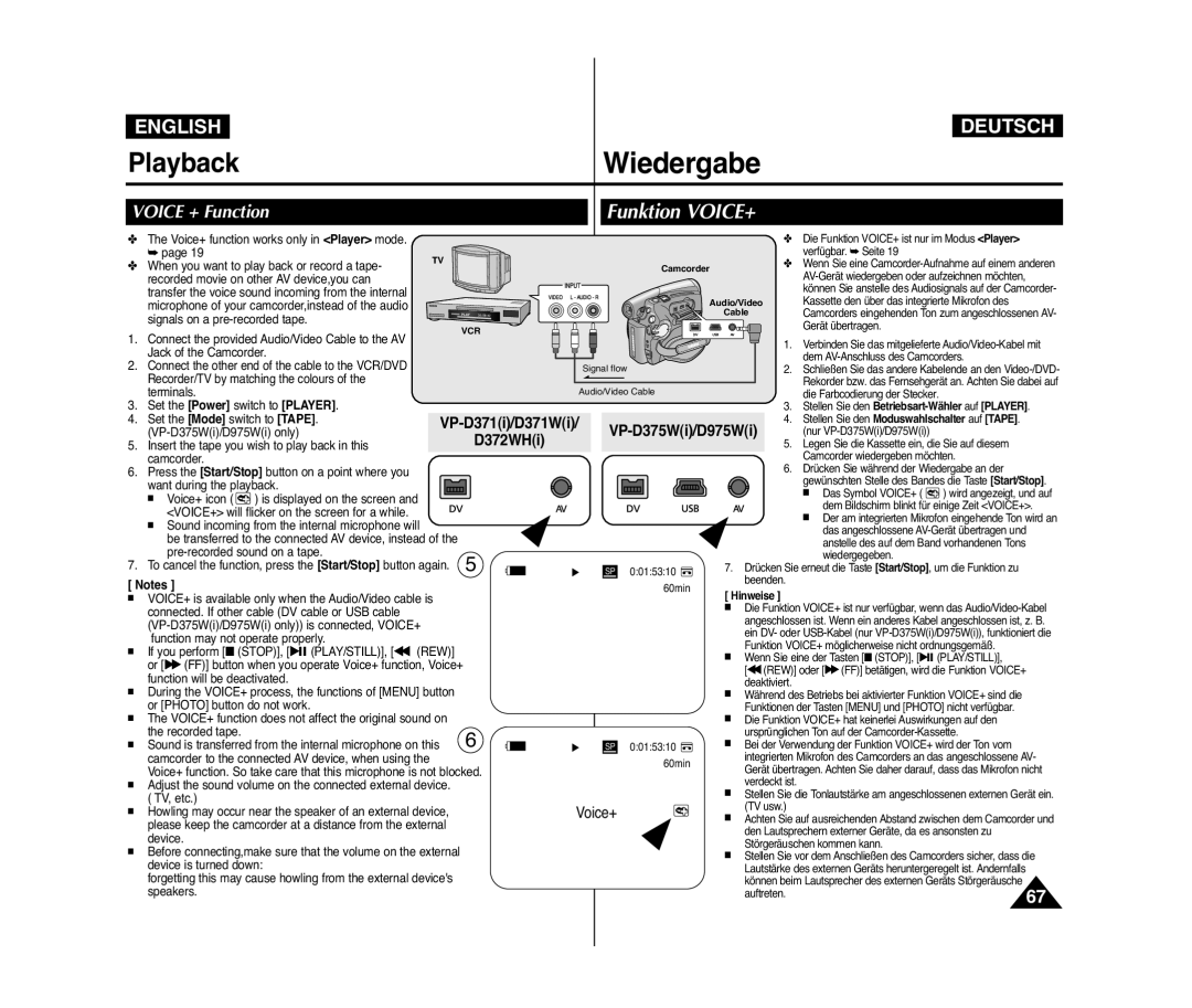 Samsung VP-D372WH/KNT Funktion VOICE+, Voice + Function, Voice+, VOICE+ is available only when the Audio/Video cable is 