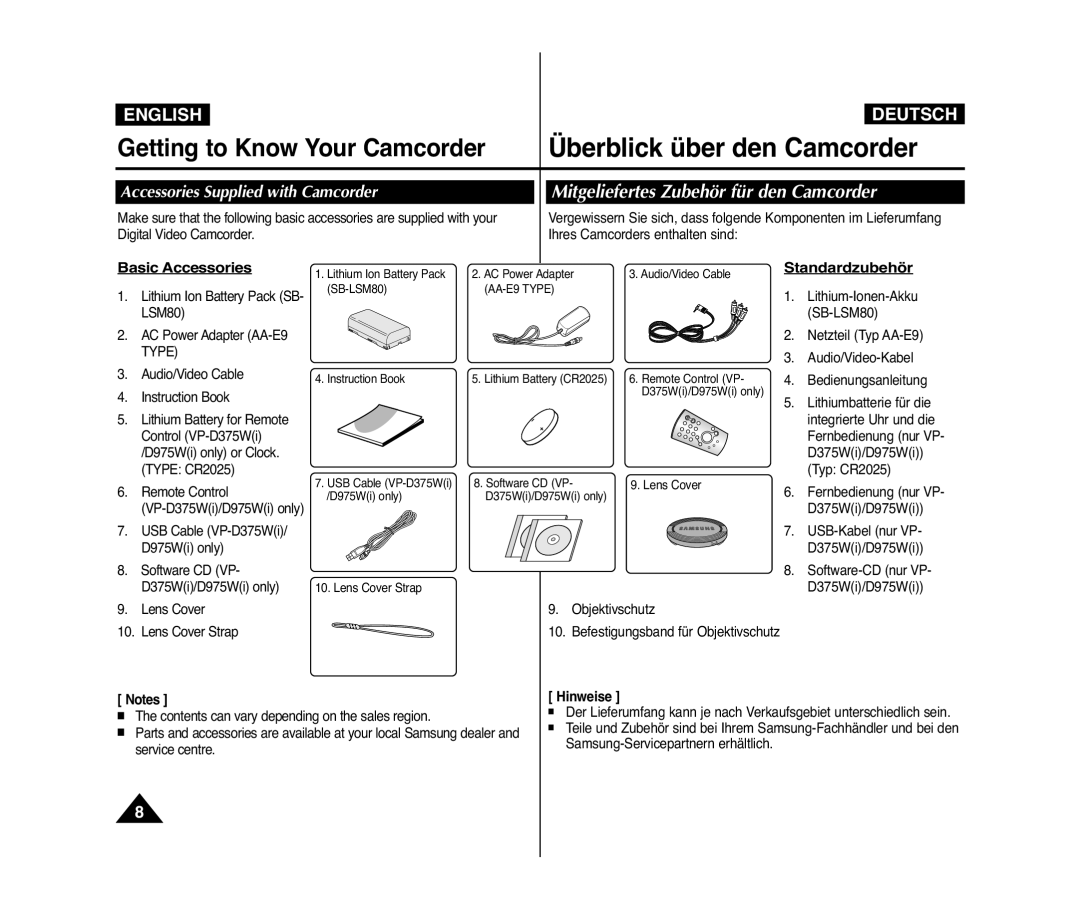 Samsung VP-D371/XEO manual Mitgeliefertes Zubehör für den Camcorder, Accessories Supplied with Camcorder, Basic Accessories 