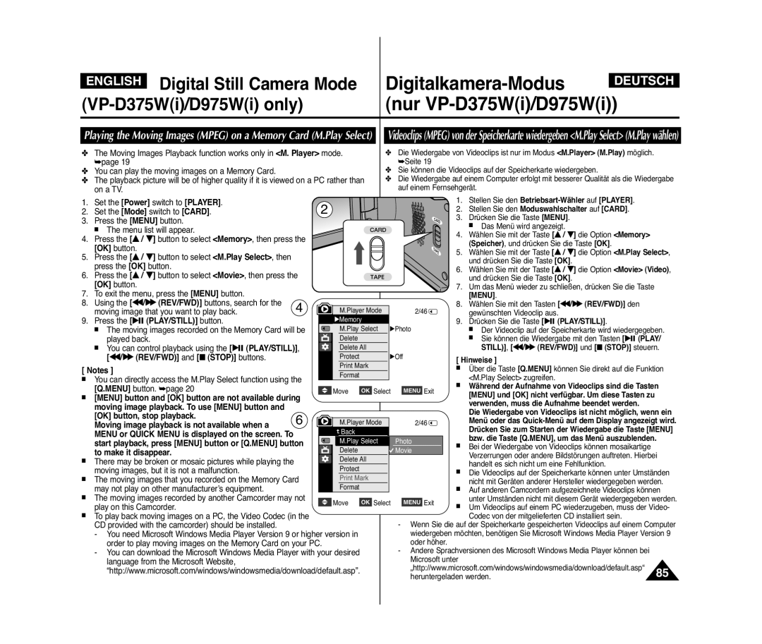 Samsung VP-D375WI/XEK STILL, œœ/√√ REV/FWD und Stop steuern, Œœ/√√ REV/FWD and Stop buttons, OK button, stop playback 