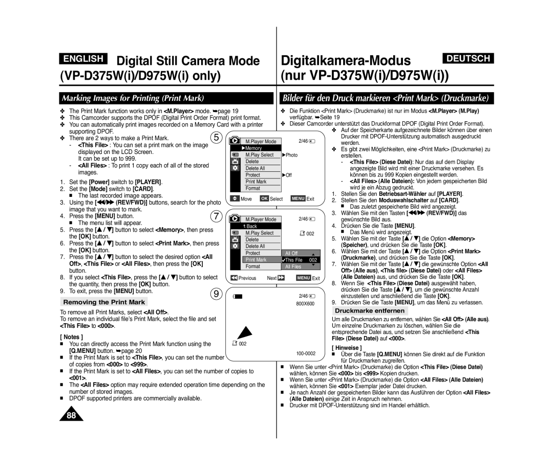 Samsung VP-D975WI/XEK manual Removing the Print Mark, Druckmarke entfernen, Off, This File or All Files, then press the OK 