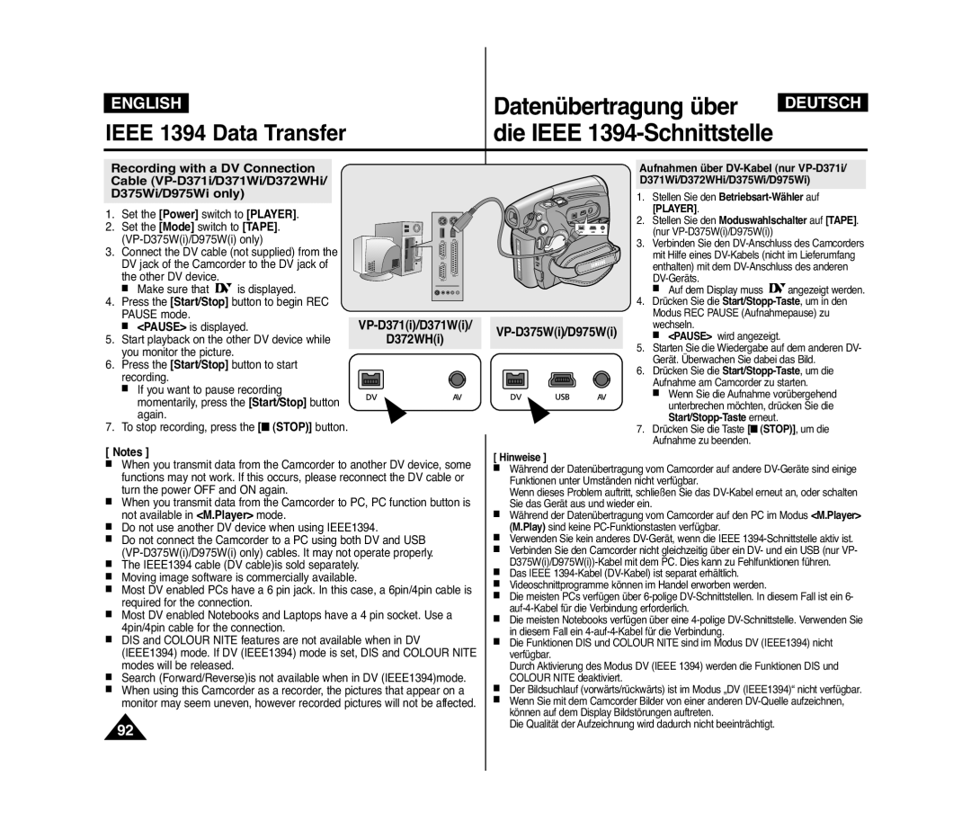 Samsung VP-D371I/COL, VP-D375W/XEF, VP-D371W/XEF, VP-D371/XEF, VP-D372WH/XEF manual VP-D371i/D371Wi D372WHi VP-D375Wi/D975Wi 