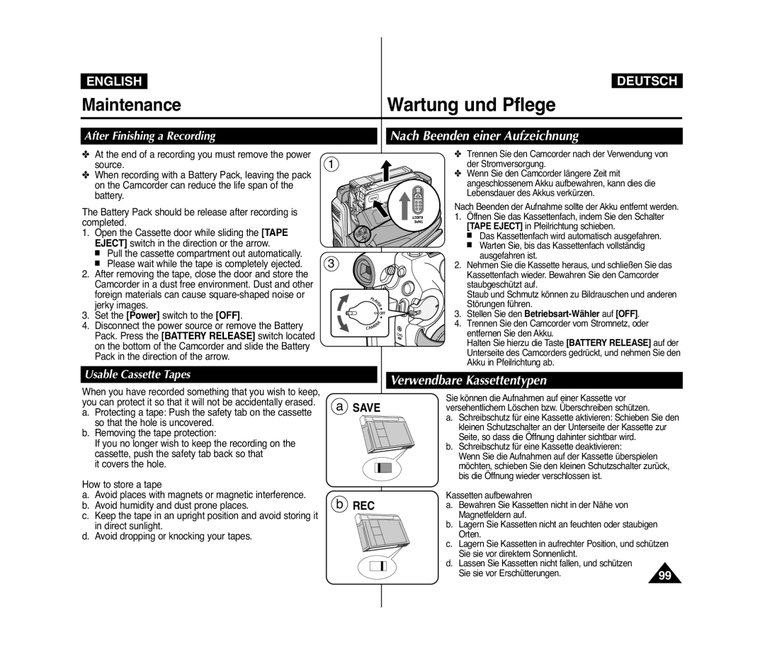 Samsung VP-D371/XEE Wartung und Pflege, Nach Beenden einer Aufzeichnung, Verwendbare Kassettentypen, Usable Cassette Tapes 