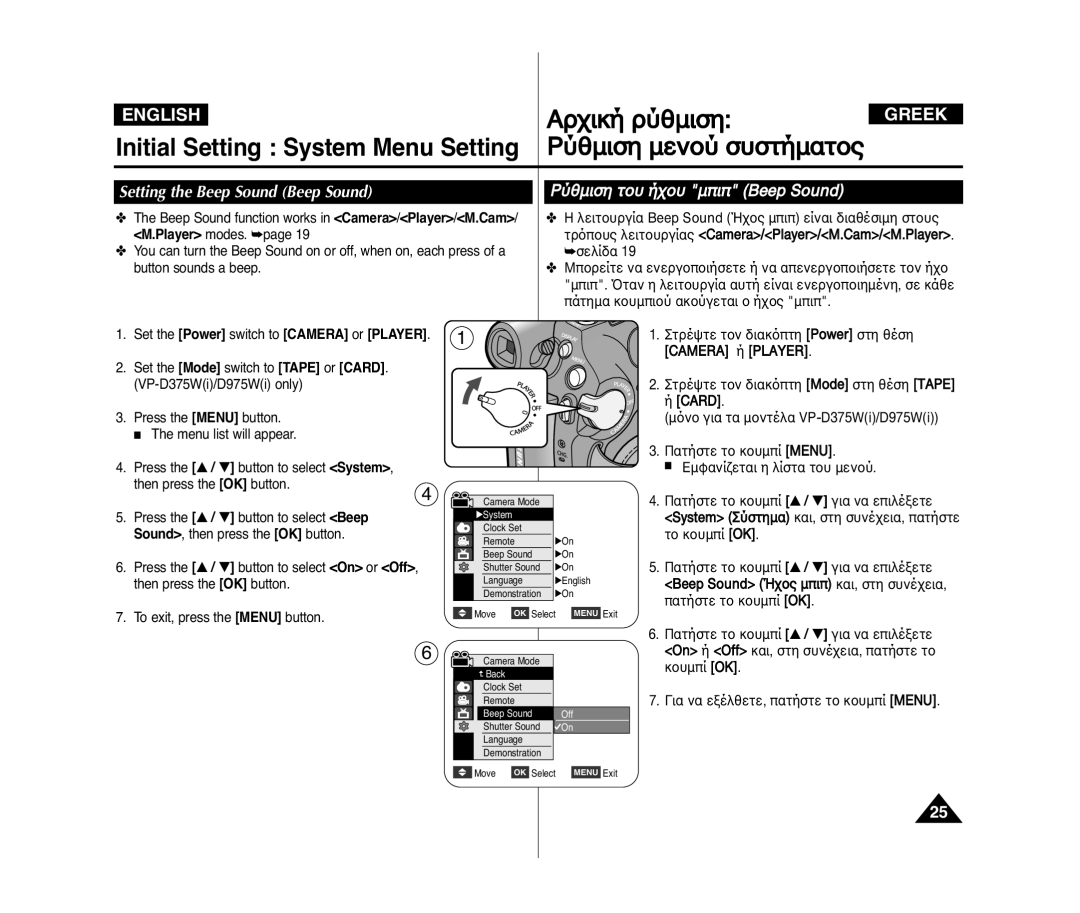 Samsung VP-D375WI/MEA Setting the Beep Sound Beep Sound, ˝ËÏÈÛÁ ÙÔı ﬁ˜Ôı ÏÈ Beep Sound, Sound, then press the OK button 