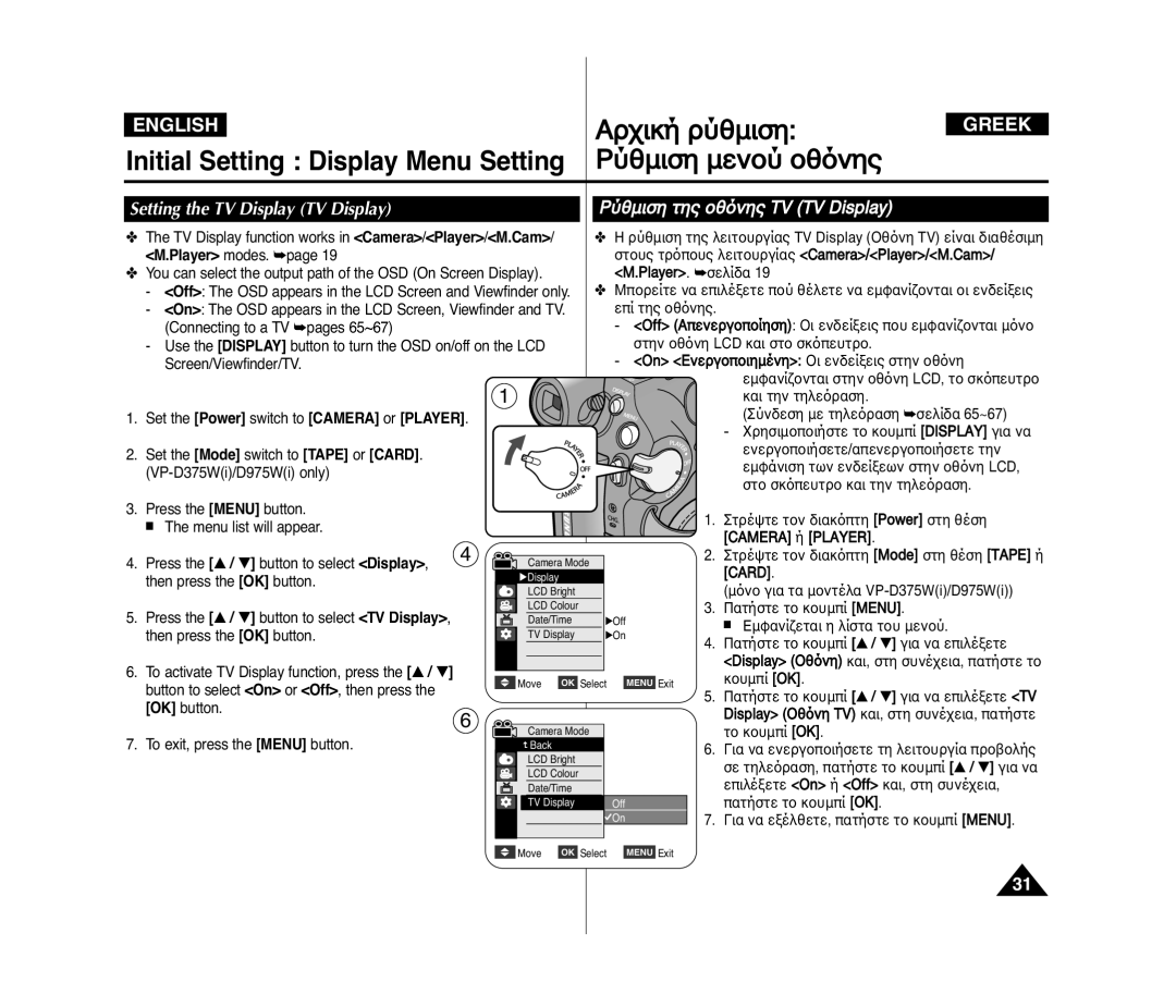 Samsung VP-D975W/XEO, VP-D375W/XEF Setting the TV Display TV Display, ˝ËÏÈÛÁ ÙÁÚ ÔË¸ÌÁÚ TV TV Display, ·È Ùáì Ùáîâ¸Ò·Ûá 