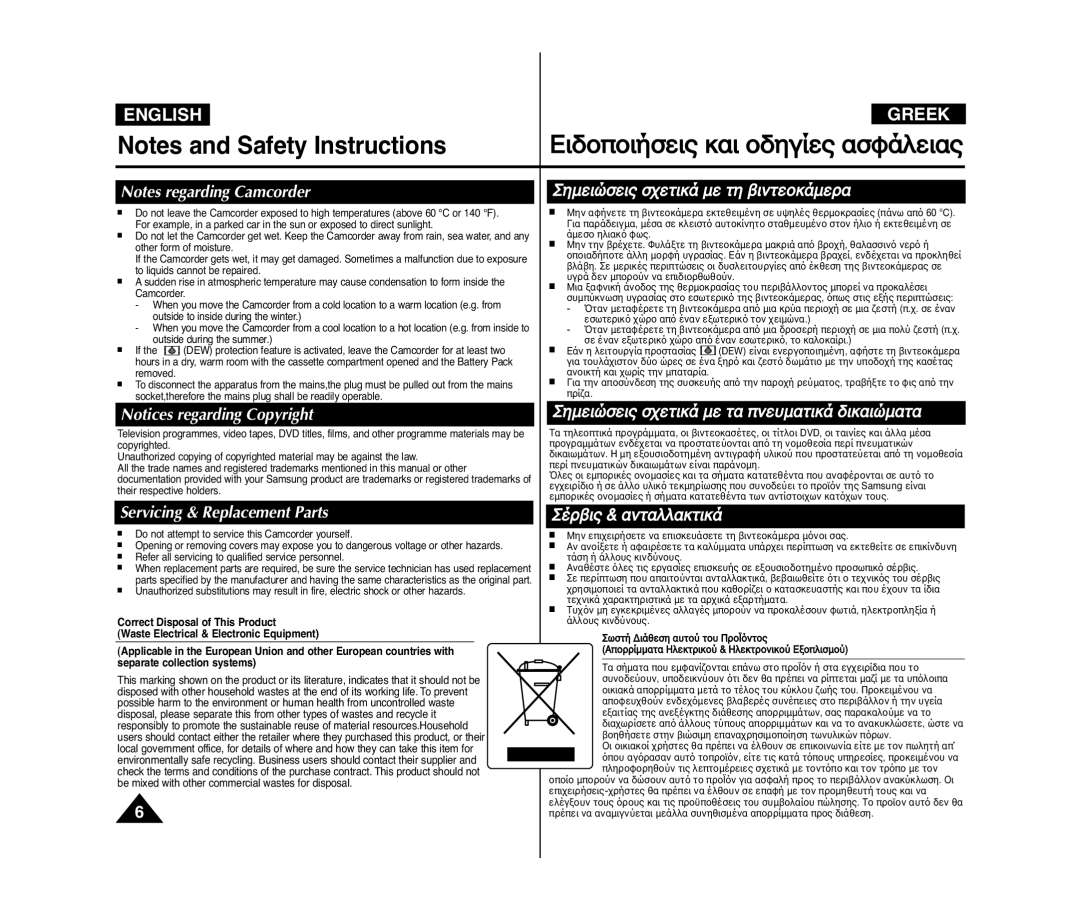 Samsung VP-D371W/XEO, VP-D375W/XEF manual ÁÏÂÈ˛ÛÂÈÚ Û˜ÂÙÈÍ‹ ÏÂ Ù· ÌÂıÏ·ÙÈÍ‹ ‰ÈÍ·È˛Ï·Ù·, Servicing & Replacement Parts 