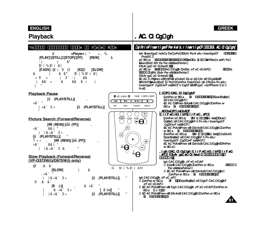 Samsung VP-D372WHI/UMG, VP-D371/XEF Various Functions while in Player Mode, Playback Pause, Picture Search Forward/Reverse 