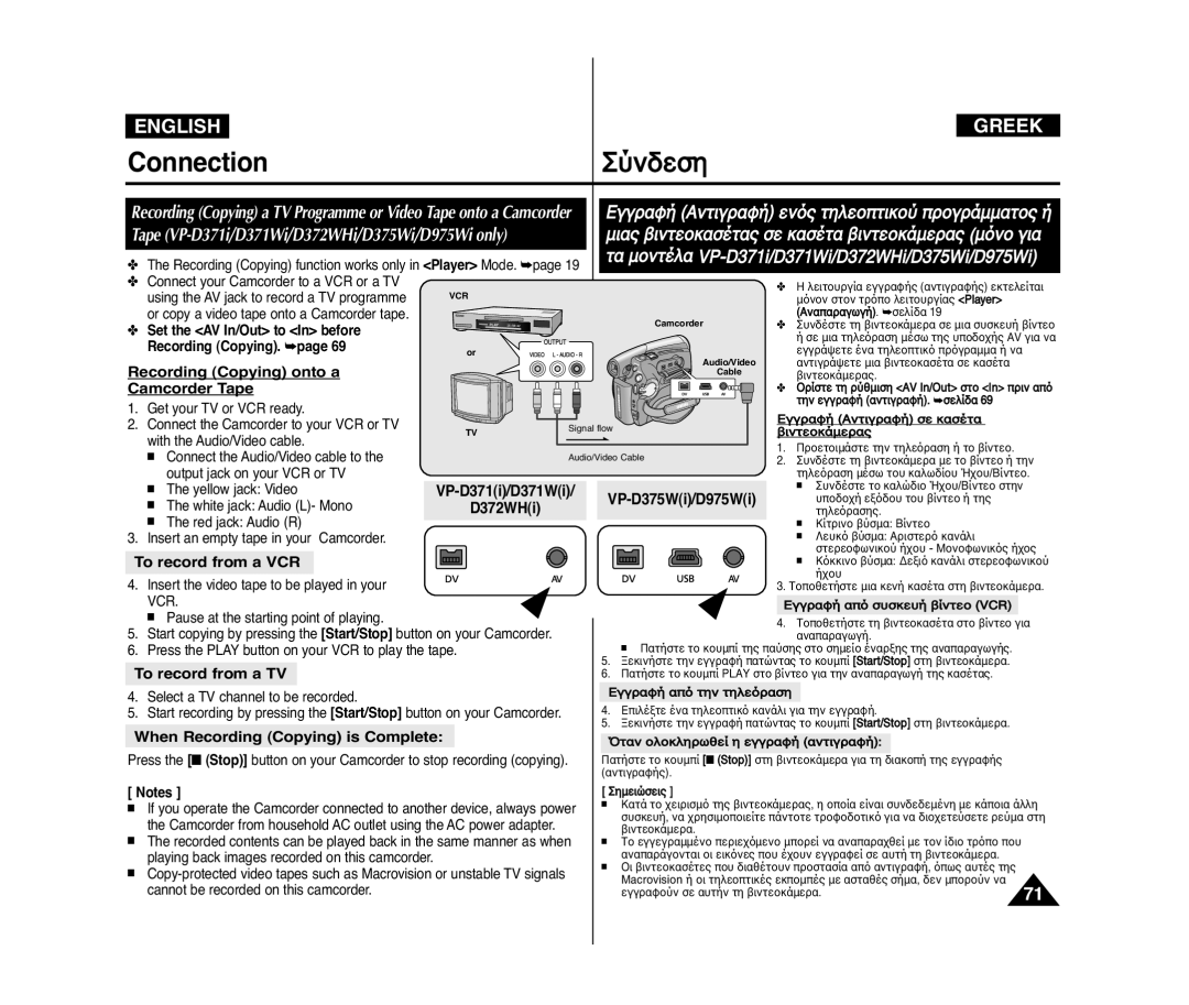 Samsung VP-D975WI/MEA, VP-D375W/XEF Recording Copying onto a, Camcorder Tape, To record from a VCR, To record from a TV 