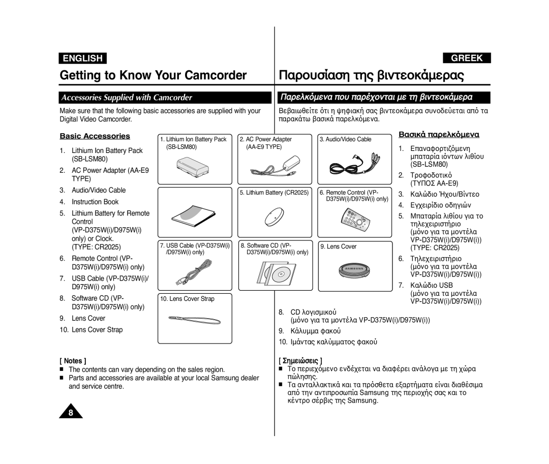 Samsung VP-D371/XEO Accessories Supplied with Camcorder, ·ÒÂÎÍ¸ÏÂÌ· Ôı ·Ò›˜ÔÌÙ·È ÏÂ ÙÁ ‚ÈÌÙÂÔÍ‹ÏÂÒ·, Basic Accessories 