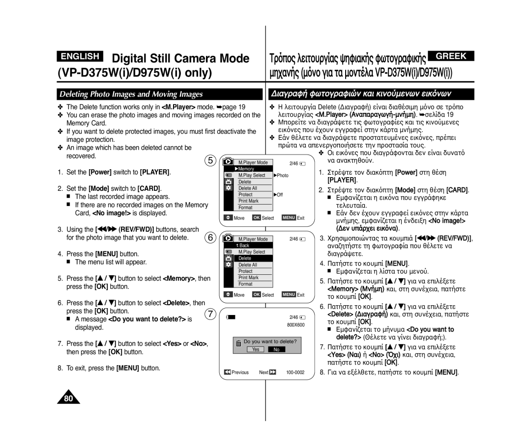 Samsung VP-D375W/XEE manual ƑÈ·„Ò·ˆﬁ ˆ˘ÙÔ„Ò·ˆÈ˛Ì Í·È ÍÈÌÔ˝ÏÂÌ˘Ì ÂÈÍ¸Ì˘Ì, · ·Ì·Íùáëô˝Ì, Message Do you want to delete? is 