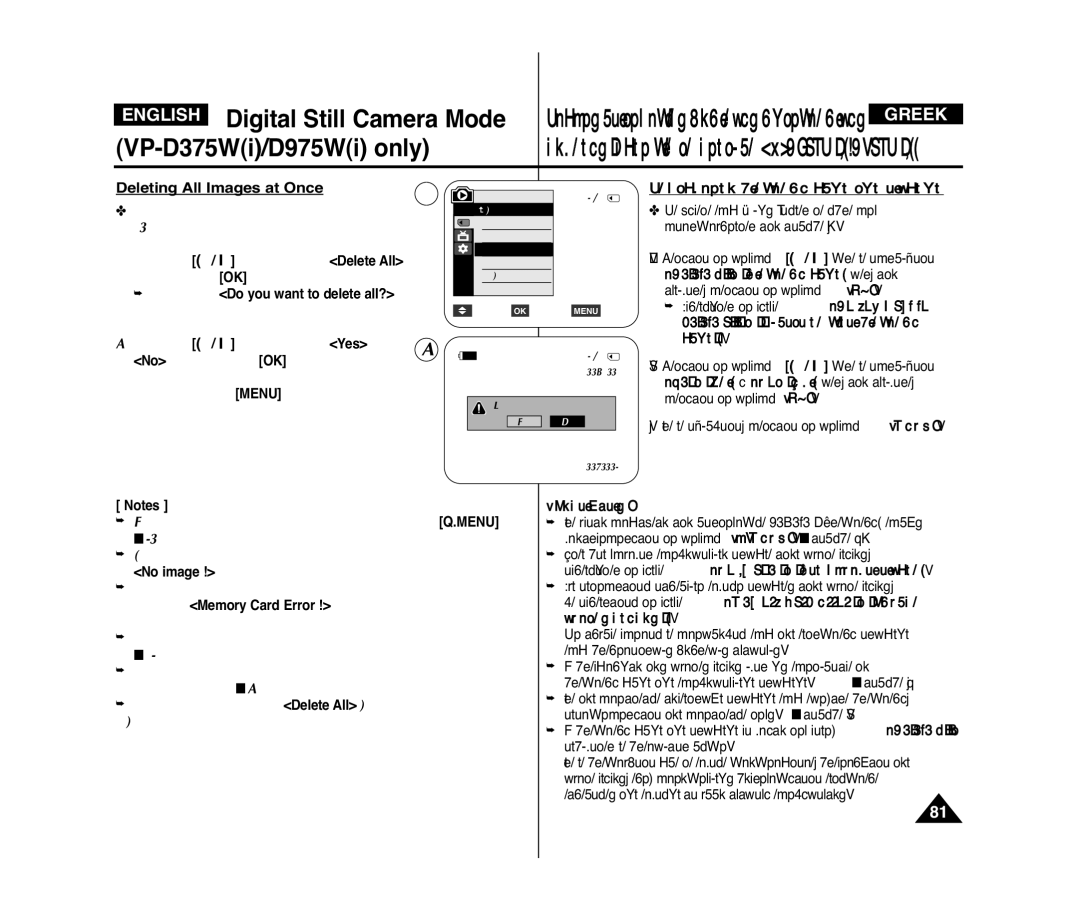 Samsung VP-D372WH/XEE manual Deleting All Images at Once, ‘·ıÙ¸˜ÒÔÌÁ ‰È·„Ò·ˆﬁ ¸Î˘Ì Ù˘Ì ÂÈÍ¸Ì˘Ì, Do you want to delete all? 