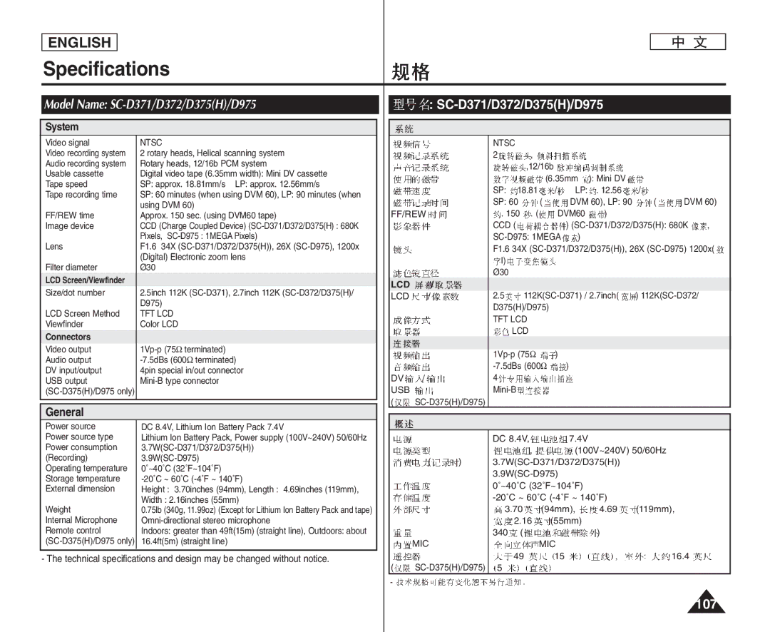 Samsung VP-D375W/KNT, VP-D375W/XEF, VP-D371W/XEF manual Specifications, Model Name SC-D371/D372/D375H/D975, 107, General 