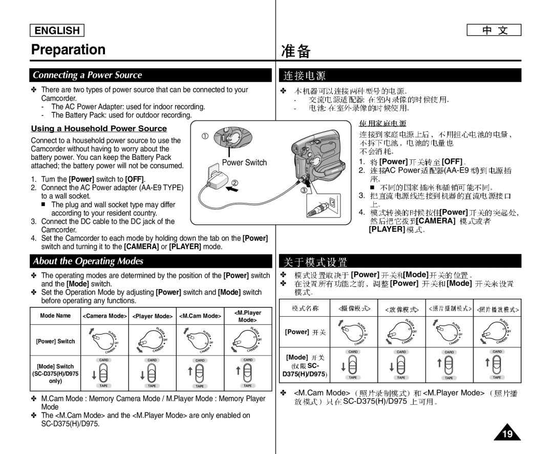 Samsung VP-D375WI/HAC, VP-D375W/XEF, VP-D371W/XEF, VP-D371/XEF Connecting a Power Source, About the Operating Modes, Player 