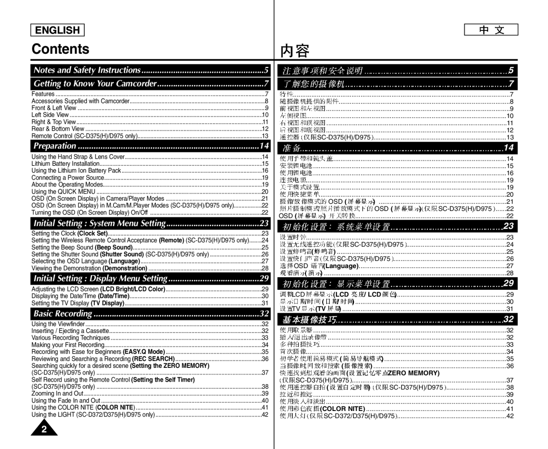 Samsung VP-D371/XEF, VP-D375W/XEF, VP-D371W/XEF, VP-D372WH/XEF, VP-D975W/XEF, VP-D371/XEE, VP-D371W/XEO, VP-D371W/XEE Contents 